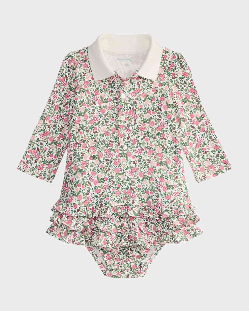 Girl's Floral Interlock Knit Long-Sleeve Polo Dress & Bloomers, Size 3M-